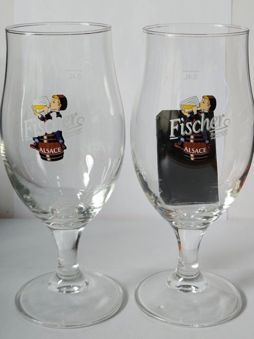 Fischer Beer Glasses Set 2 .4L Alsace Stemmed Tulip Chalice Brewery Logo Bar